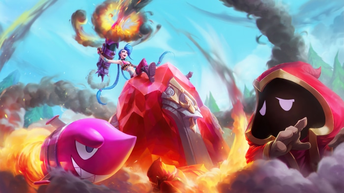 Jinx from League of Legends with a rocket and a hooded figure