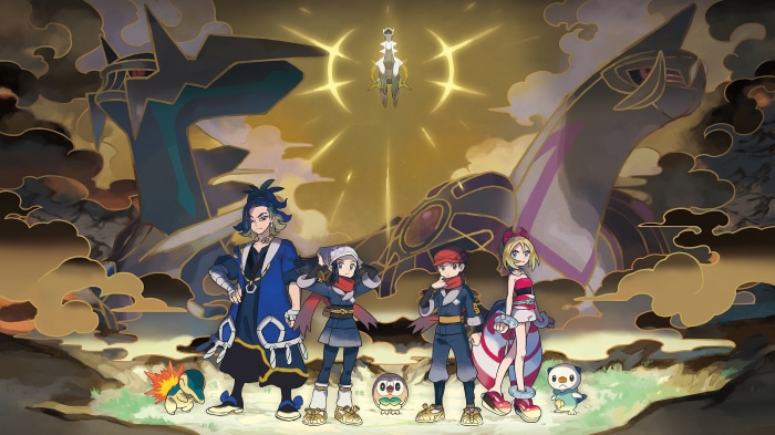 Pokemon Legends Arceus characters with Dialga and Palkia