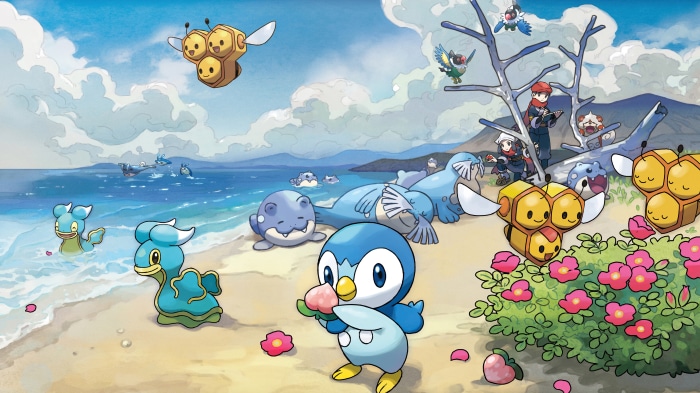 Pokemon Legends Arceus characters and Pokemon on a beach