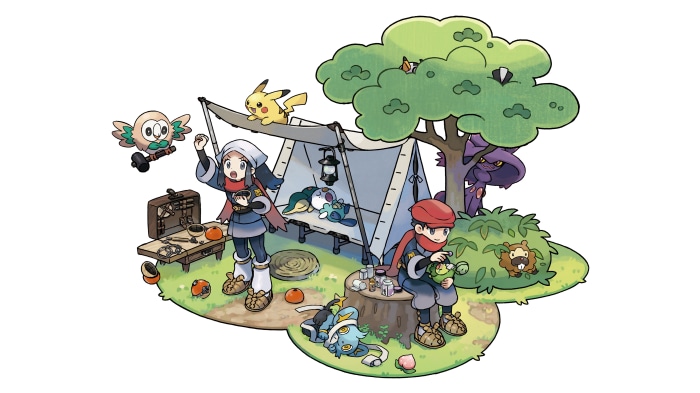 Pokemon Legends Arceus characters camping with Pokemon