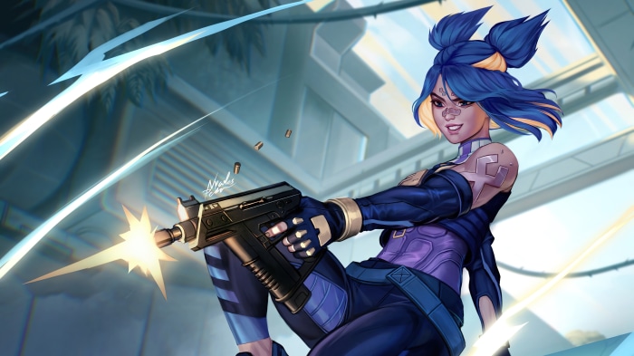 Neon from Valorant firing a gun