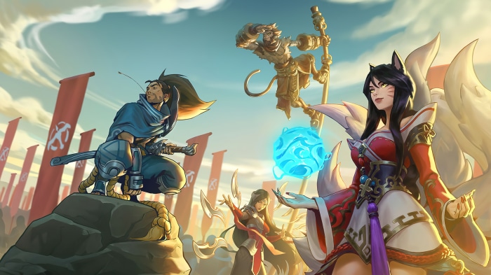 Ahri, Yasuo, Wukong, and Irelia from League of Legends 4K