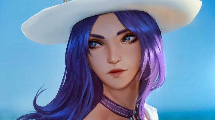 Caitlyn from League of Legends wearing a white hat