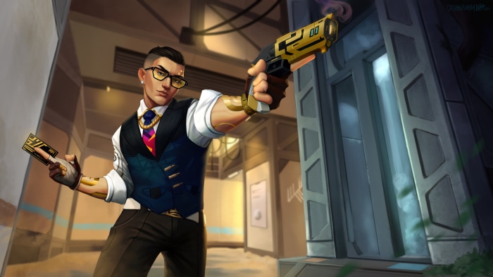 Chamber from Valorant holding a gun and a card