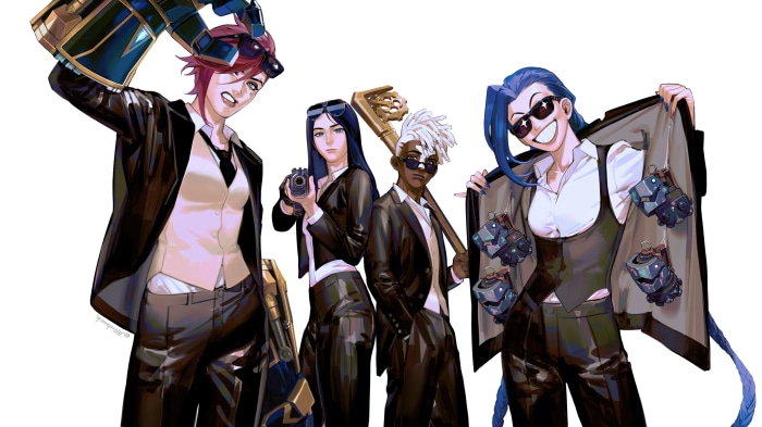 Vi, Jinx, Caitlyn, and Ekko from League of Legends