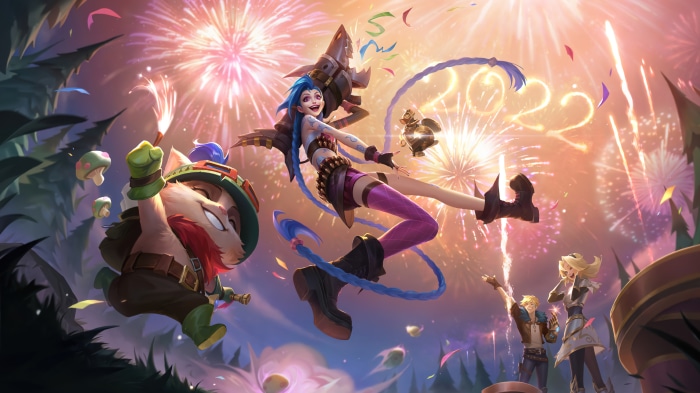 Jinx, Teemo, Lux, and Ezreal celebrate New Year 2022 in League of Legends