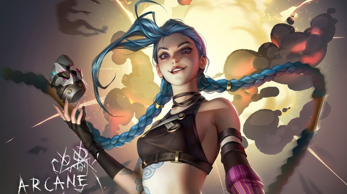 Jinx from Arcane holding a grenade