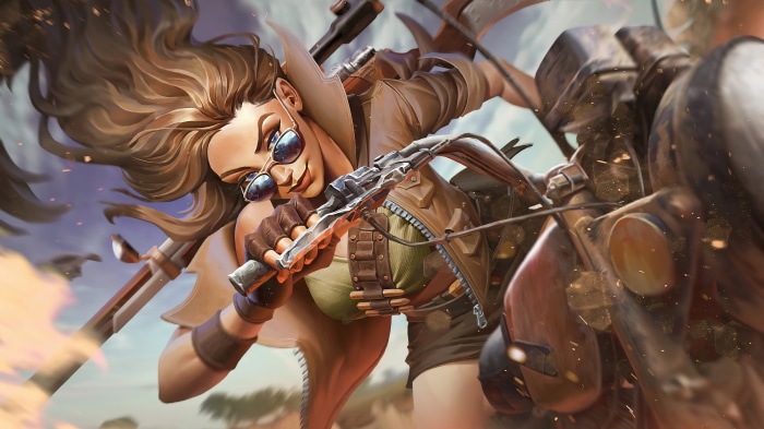Caitlyn from League of Legends on a motorcycle