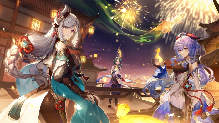 Genshin Impact characters celebrating New Year with fireworks