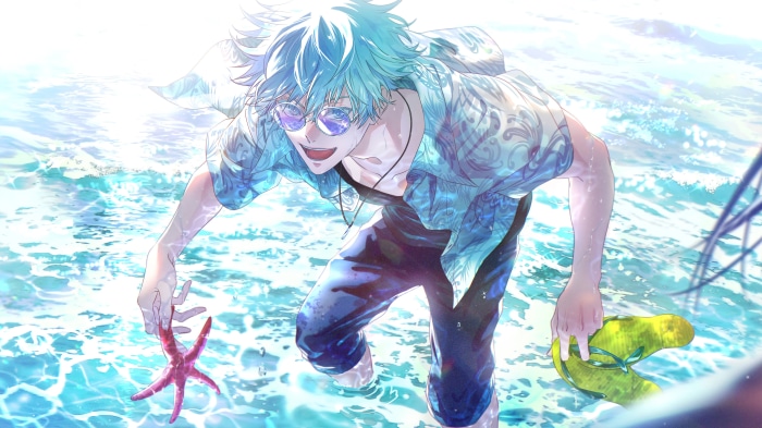 Anime boy with blue hair at the beach