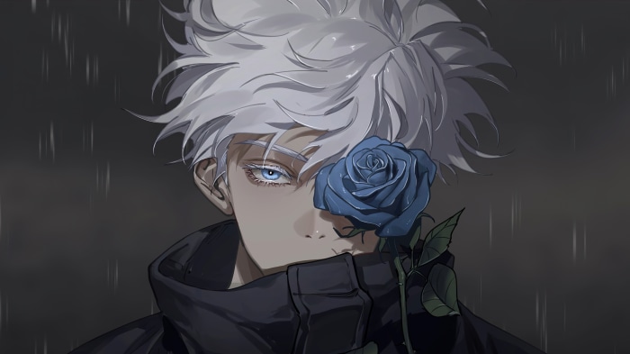 Satoru Gojo with Blue Rose in Rainy Night
