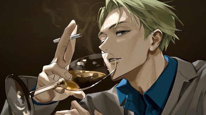Kento Nanami from Jujutsu Kaisen smoking and drinking