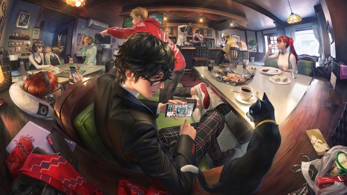 Persona 5 characters in a cafe