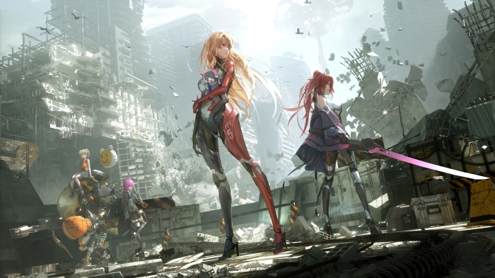 Nemesis and other characters in a ruined city from Tower of Fantasy