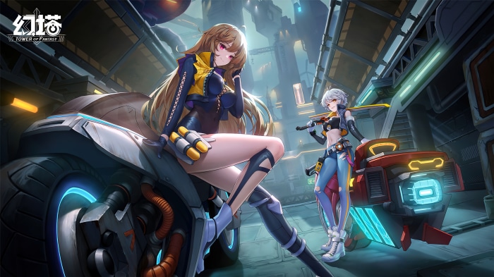 Two women with futuristic motorcycles in Tower of Fantasy