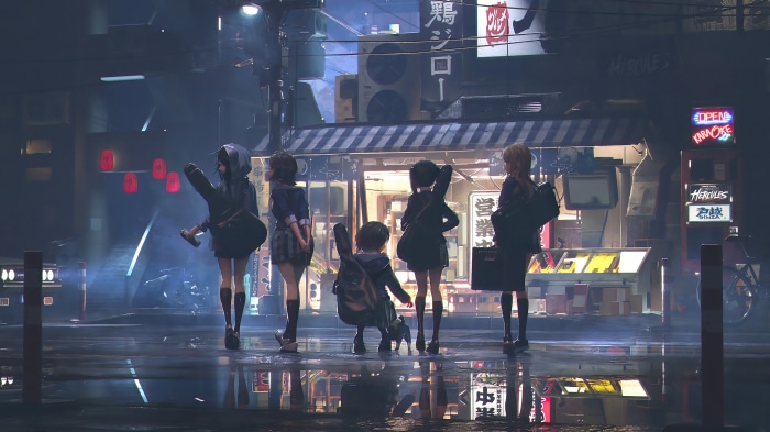 K-On! Anime Girls in a Rainy Night City
