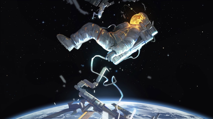 Astronaut floating in space near Earth