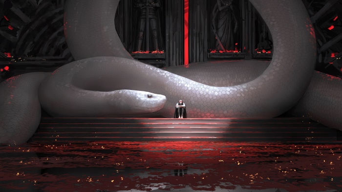 Giant serpent in a dark fantasy throne room
