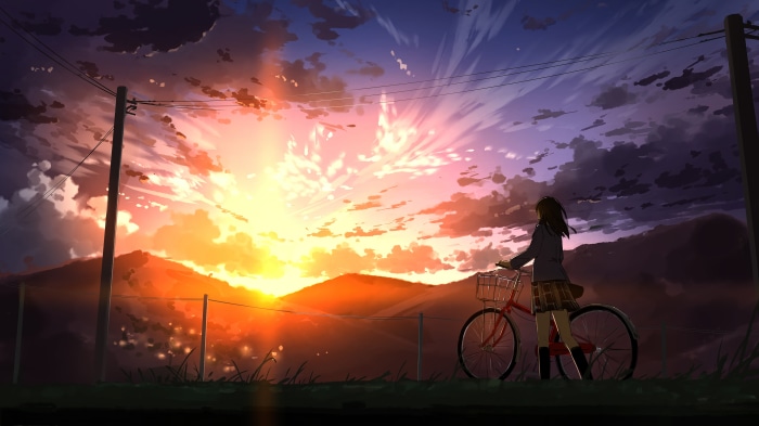 Anime girl with bicycle at sunset 4K