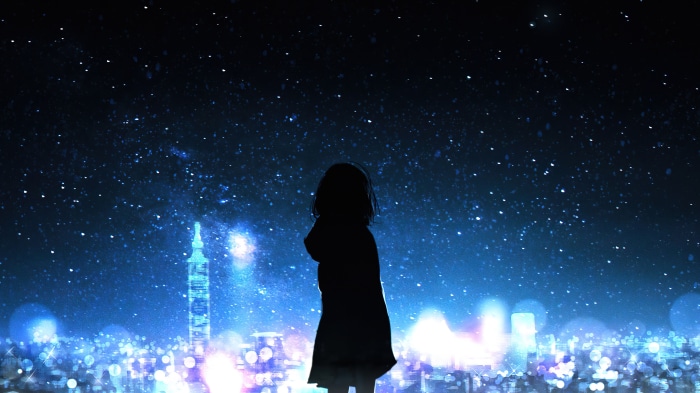 Anime girl silhouette against a starry night city