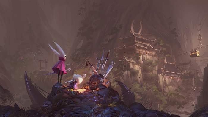 Hornet from Hollow Knight in a mountainous landscape