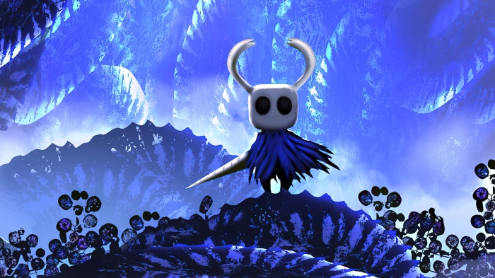 The Knight from Hollow Knight in a blue cavern 4K