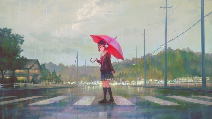 Anime girl with red umbrella in the rain