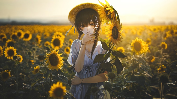 Anime Girl in Sunflower Field at Sunset