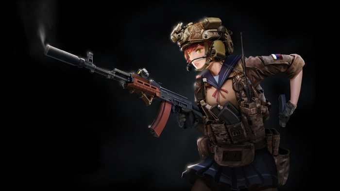 Anime girl soldier with AK-74 rifle 4K