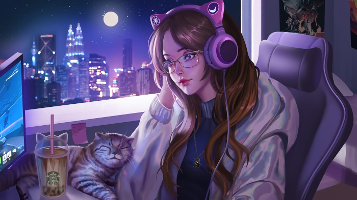 Anime girl with cat and Starbucks drink at night