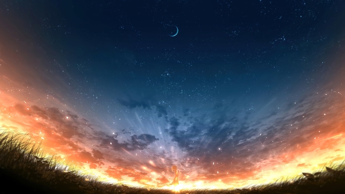 Anime girl under a starry sky with crescent moon