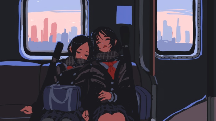 Anime girls riding a train at sunset
