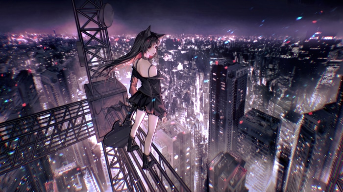 Anime girl with cat ears on a tower overlooking a city at night