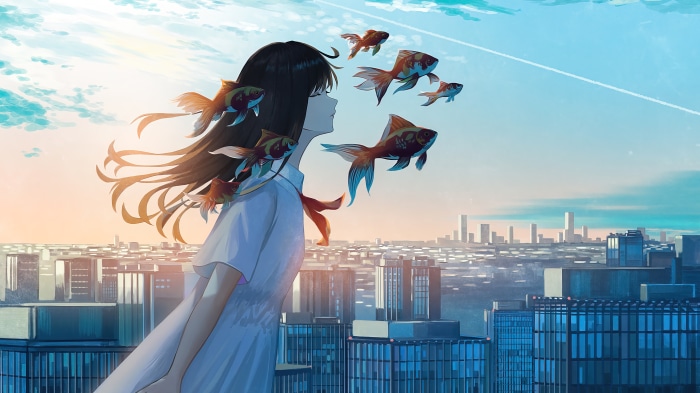 Anime girl with goldfish over city skyline 4K