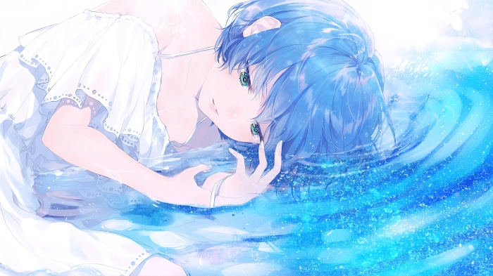 Anime girl with blue hair in water 4K