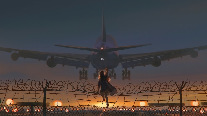 Anime girl reaching for airplane at sunset 4K