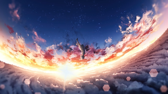 Anime girl falling from the sky at sunset 4K