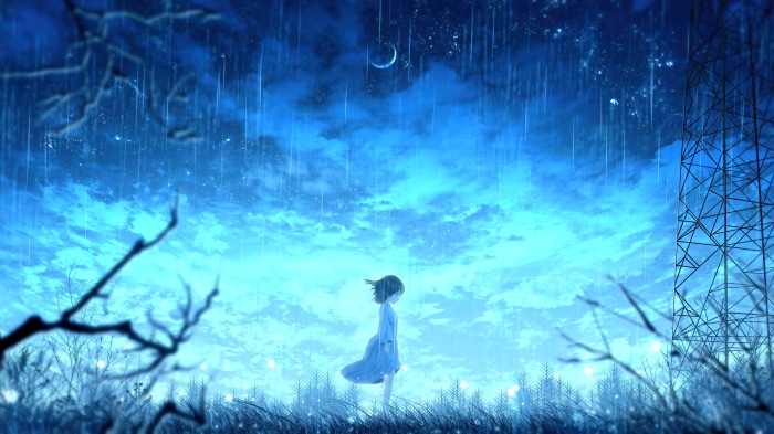 Alone Girl Under Rainy Night Sky