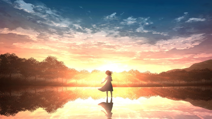 Anime girl by lake at sunrise 4K