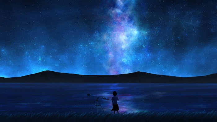 Anime girl stargazing with telescope at night 4K