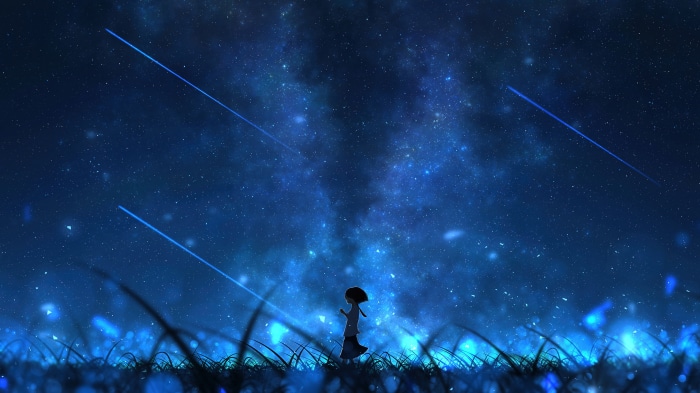 Girl walking under a starry night sky with shooting stars