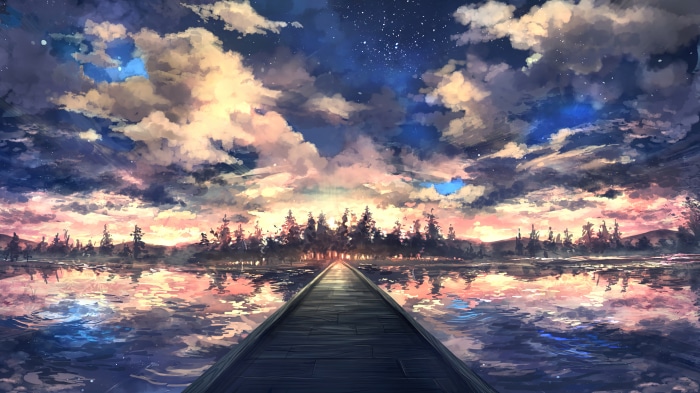 Night sky with clouds over a lake and bridge 4K