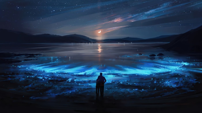 Night Scenery with Half Moon and Glowing Shore