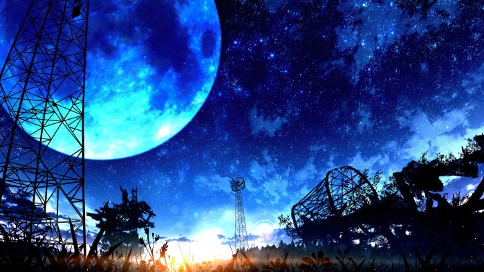 Anime night sky with large blue moon and radio towers