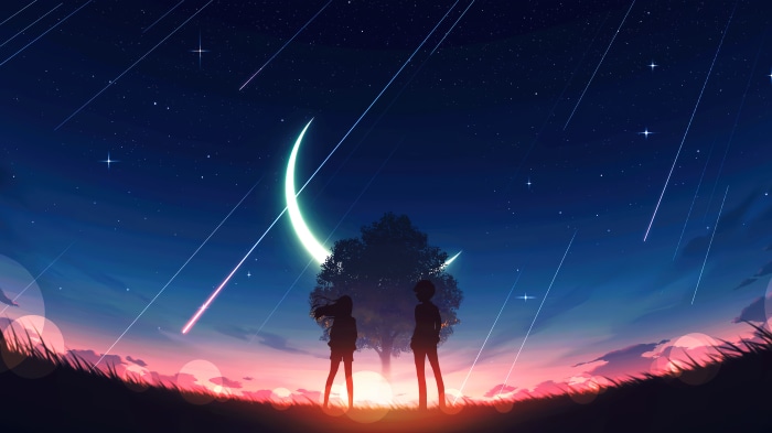 Anime couple watching shooting stars under a crescent moon