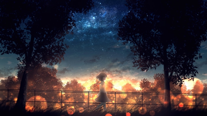 Anime girl walking at sunset under starry sky 4K