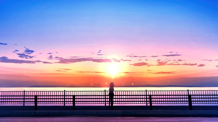Anime girl watching sunset over the ocean 4K