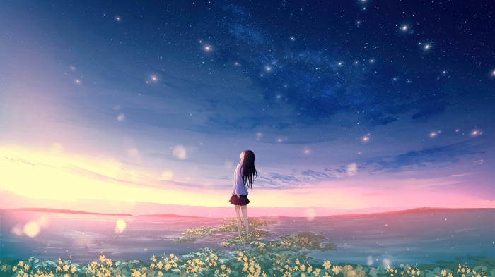 Anime girl looking at starry sky at sunrise