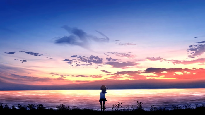 Anime girl watching sunrise over the ocean 4K