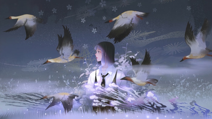 Anime girl with cranes 4K